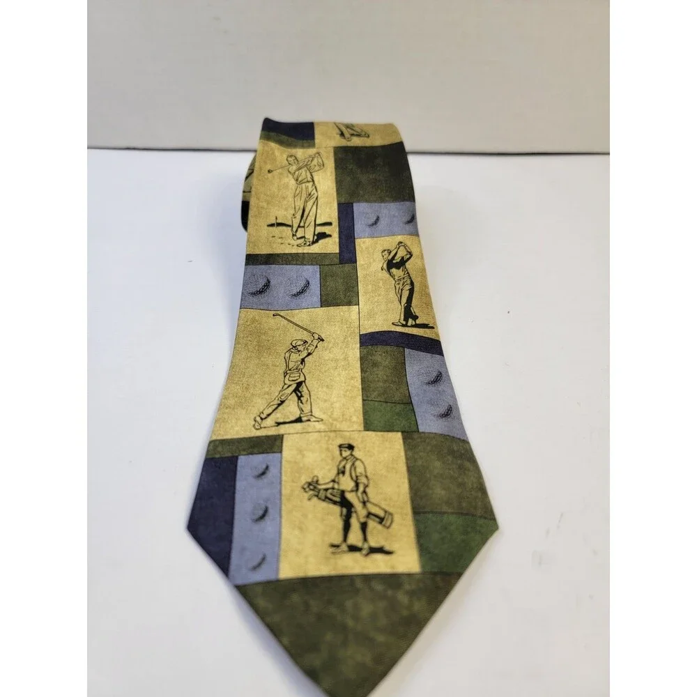 Larson Brothers 100% Silk Golf Necktie Golfer Print Green Blue Tan Vintage Style